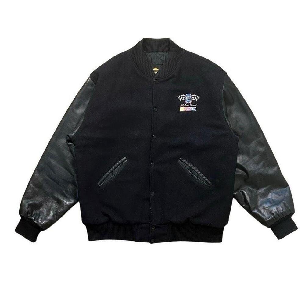Vintage 90s NASCAR State Fair Bomber Jacket Mens XL Leather Sleeves USA Made